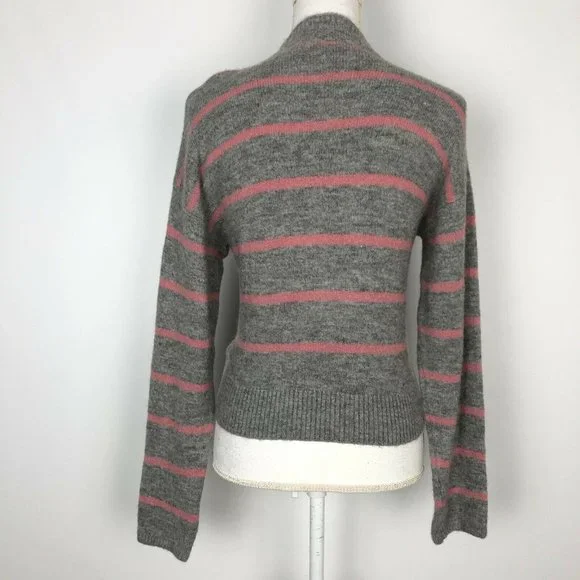 NWT WAYF Mock Neck Tie Waist Wool Blend Sweater Gray Pink Stripe Stretch - Picture 2 of 5